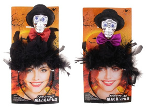 Ободок Череп в шляпе с бабочкой и перья